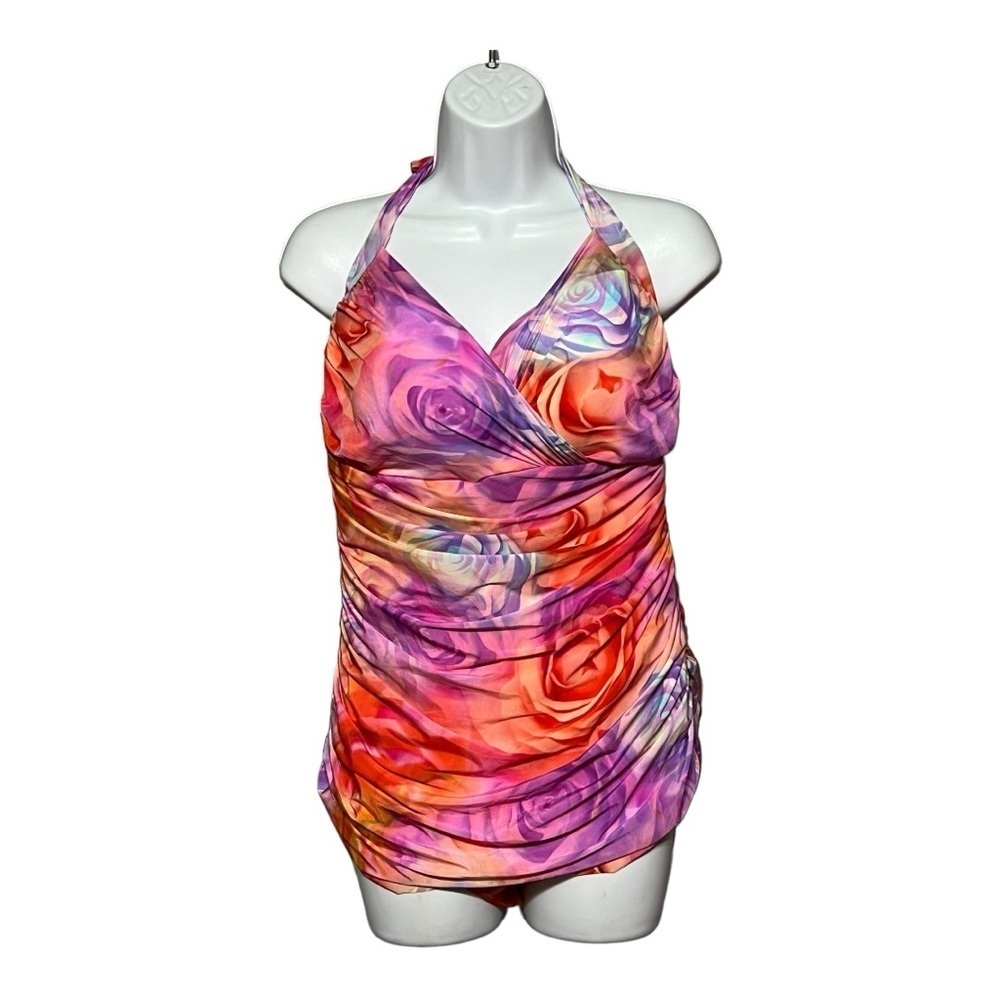 Profile by Gotex Ruched Halter One-Piece Swimsuit Violet Primrose Plus-Size 14
